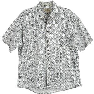 Geometric Print Button Down Shirt Mens XL White Blue Short Sleeve Casual Summer